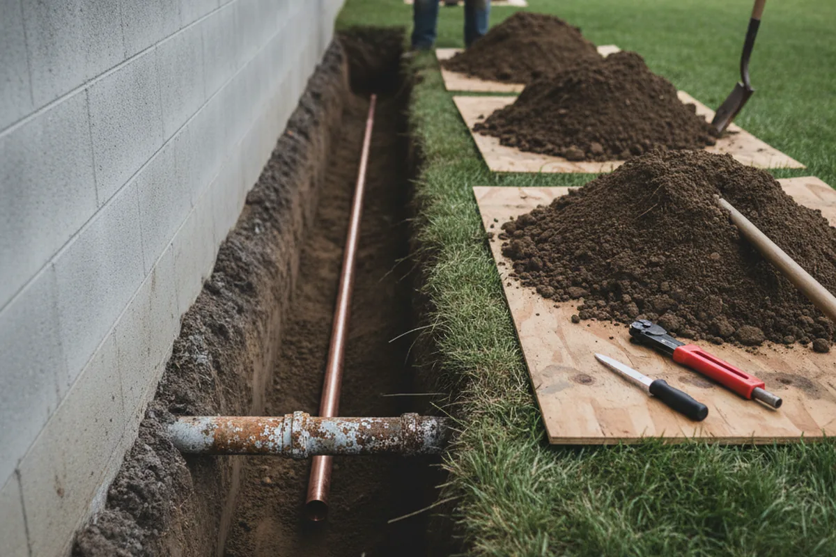 Excavated water line trench during Sewer Line Repair in Okatie